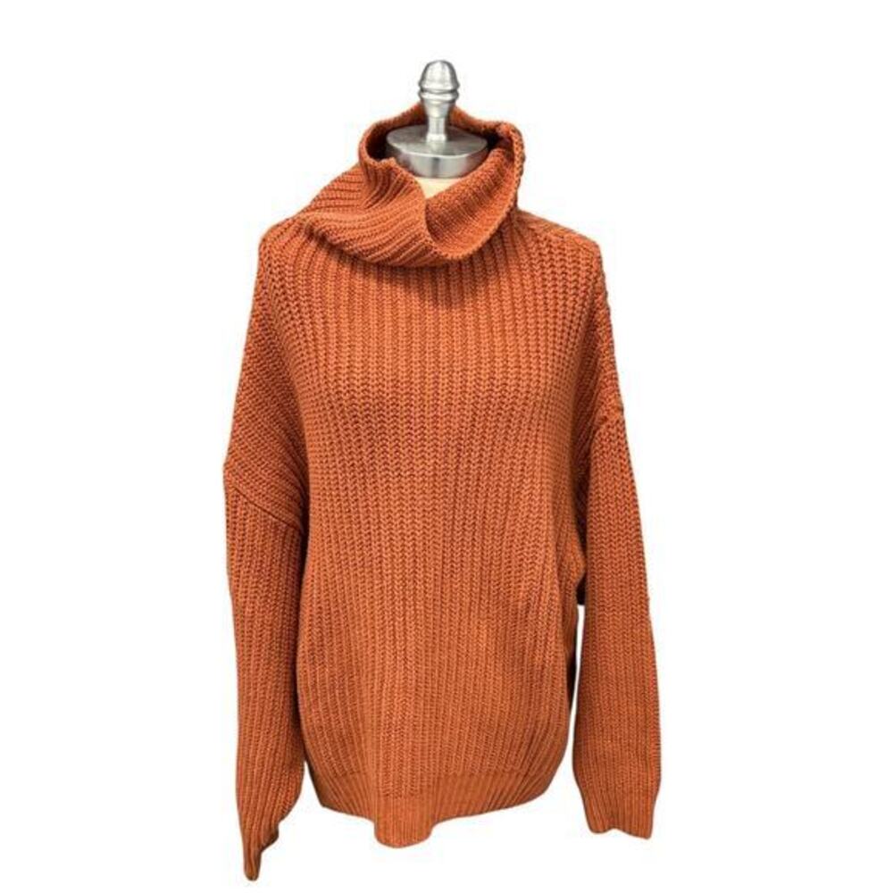 FREE PEOPLE Women's Turtleneck Oversized Cable Knit Sweater Orange XS Eleven